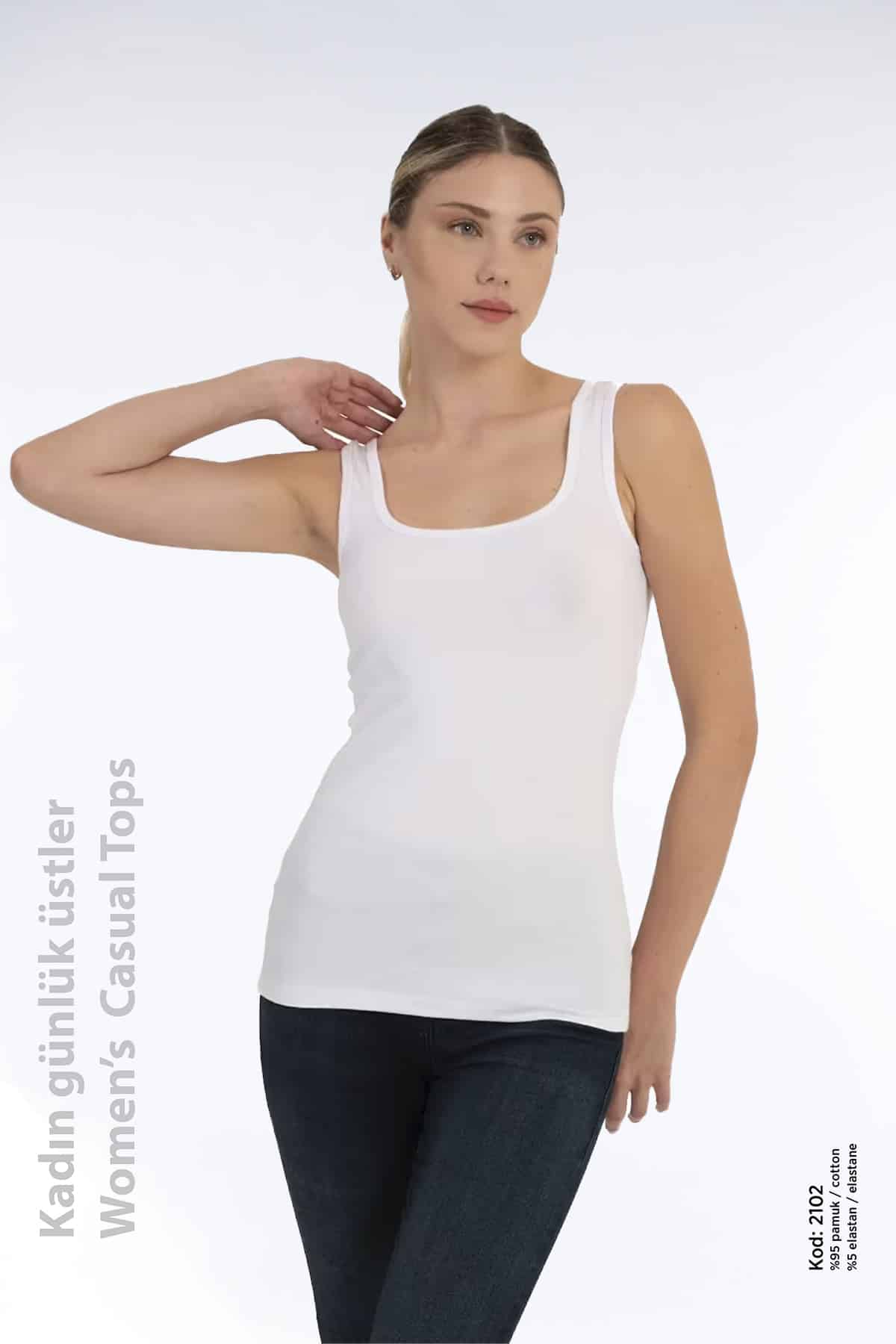 Kadın Pamuklu Kalın Askılı Basi̇c Yuvarlak Yaka Likralı Üst -2102 - Görsel 2