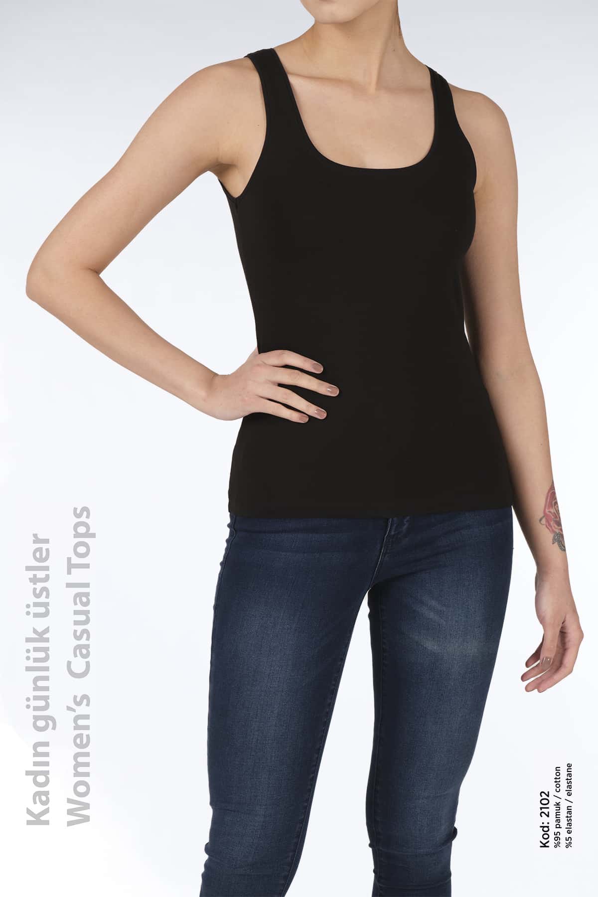 Kadın Pamuklu Kalın Askılı Basi̇c Yuvarlak Yaka Likralı Üst -2102 - Görsel 3