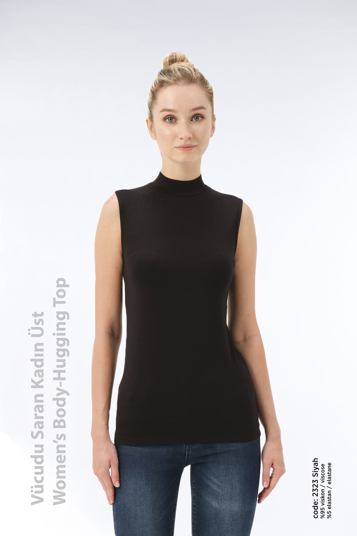 Kadın Vücudu Saran Yarım Balıkçı Yaka Kolsuz Üst - 2323 - Görsel 3