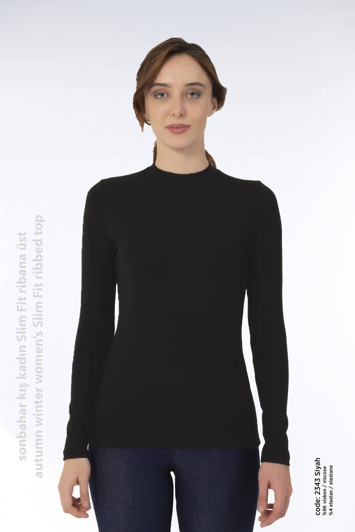 Kadın Sonbahar Kış Kapalı Yaka Uzun Kollu Slim Fit Ribana Üst -2343 - Görsel 3