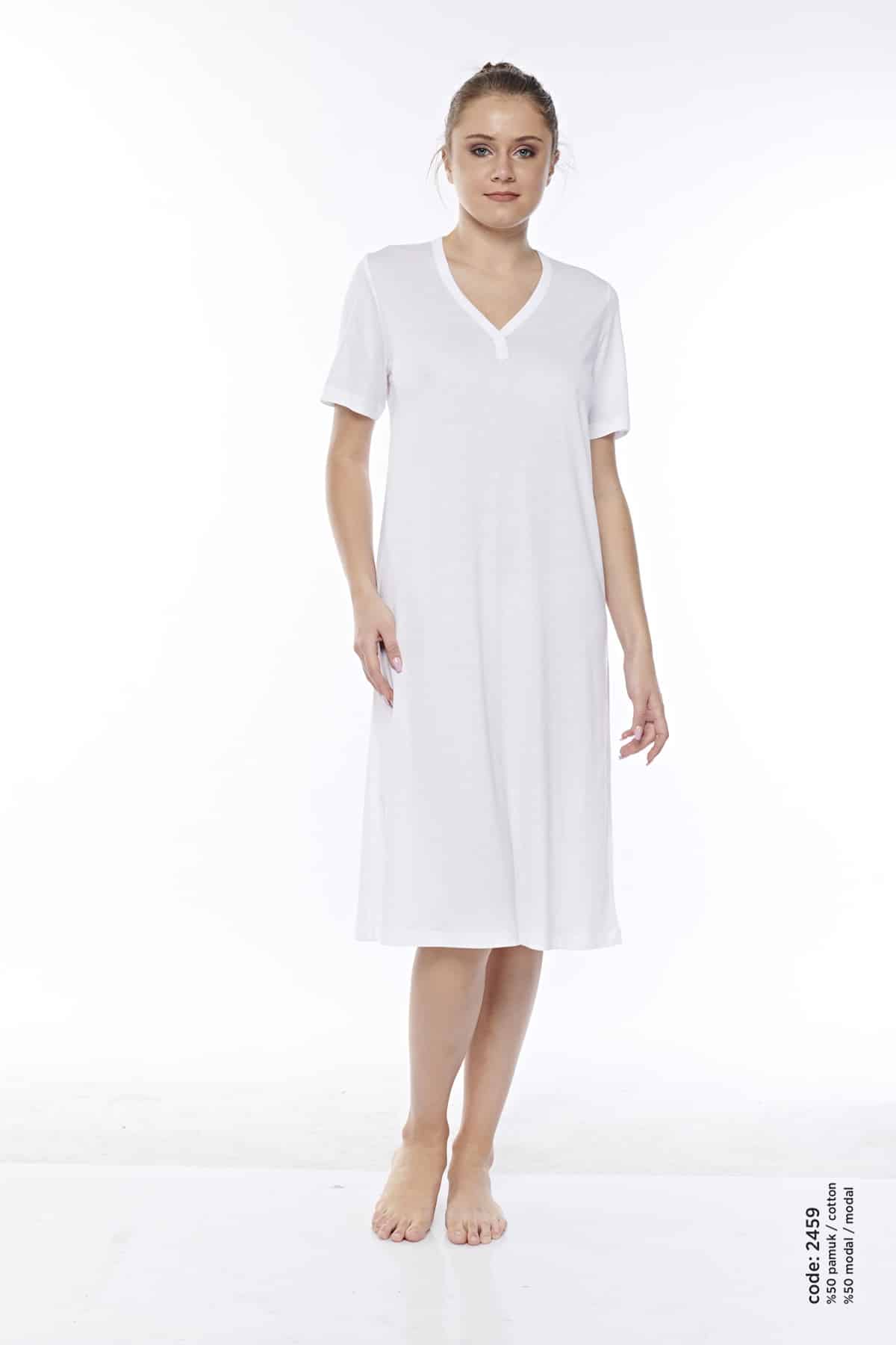 Kadın Pamuklu Modal V-yaka Dız Altı Boy Kısa Kollu Kombi̇nezon-2459 - Görsel 2