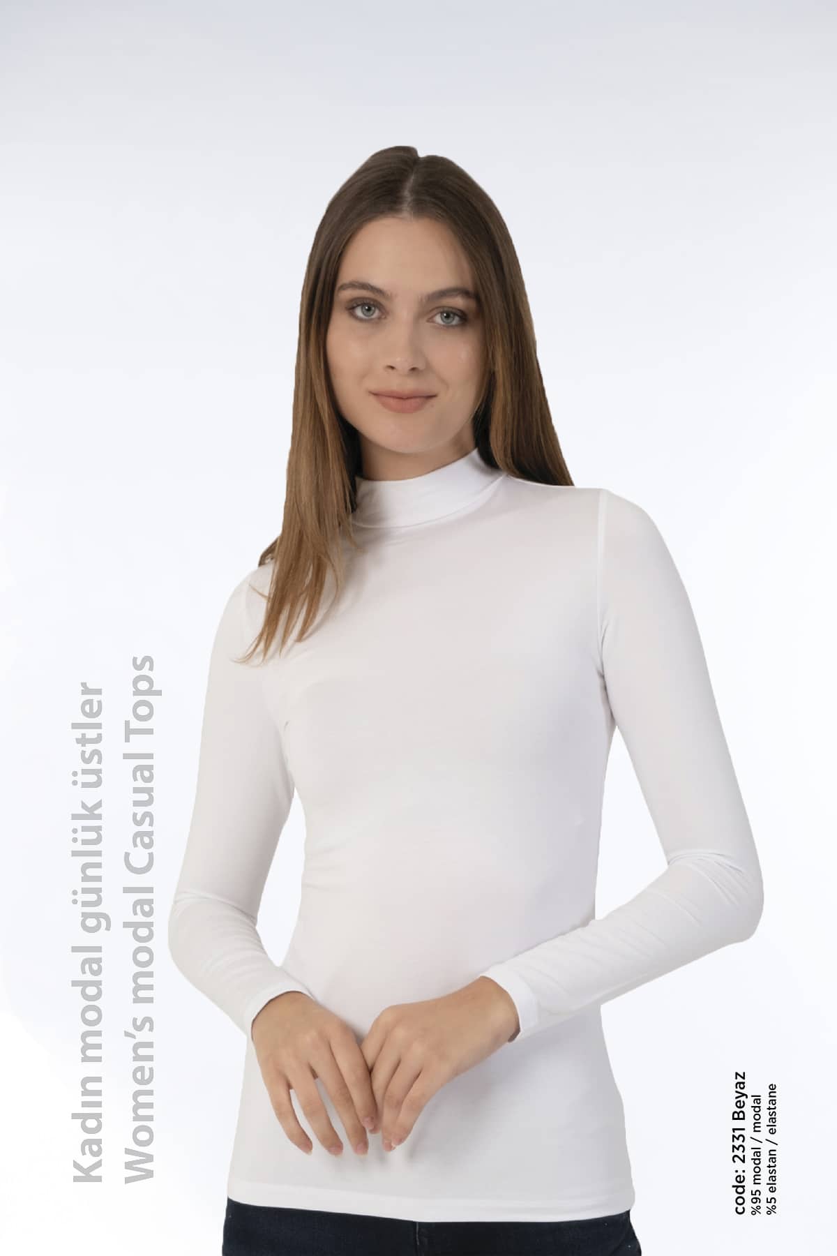Kadın Modal Günlük Yarım Balıkçı Yaka Uzun Kollu Üst -2331 - Görsel 2